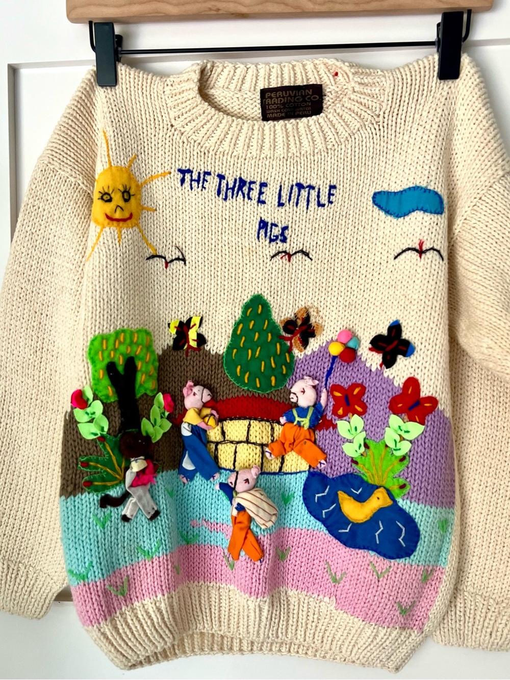 Vintage Peruvian Three Little Pigs Folk Art Sweater | 100% Cotton